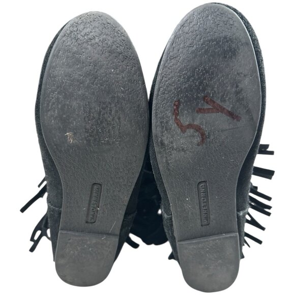 Minnetonka Boot Women 7 Black Suede Mid Calf 3 Tier Fringe moccasin boho Festiva - Picture 16 of 16